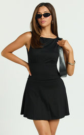 Attica Mini Dress - Straight Neck Fit And Flare Dress in Black